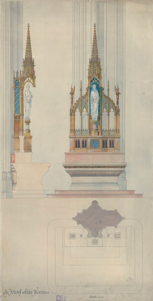 A kassai székesegyház Szent József-oltárának tervrajza Steindl Imre, 1894. MÉM MDK, Tervtár, ltsz. K 8932