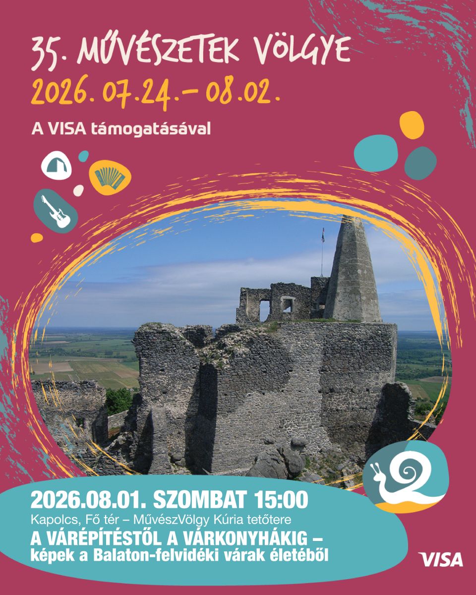 2026.08.01. szombat 15:00 Kapolcs, Fő tér – MűvészVölgy Kúria tetőtere  A várépítéstől a várkonyhákig – képek a Balaton-felvidéki várak életéből 