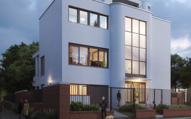 A modernista Walter Rózsi-villa felújítását Kokas László tervezte. A villa elképzelt megjelenése a felújítás után a Bajza utcai oldalról.  Készítette a Kokas Műterem Kft. megbízásából az AXION Visual Kft.