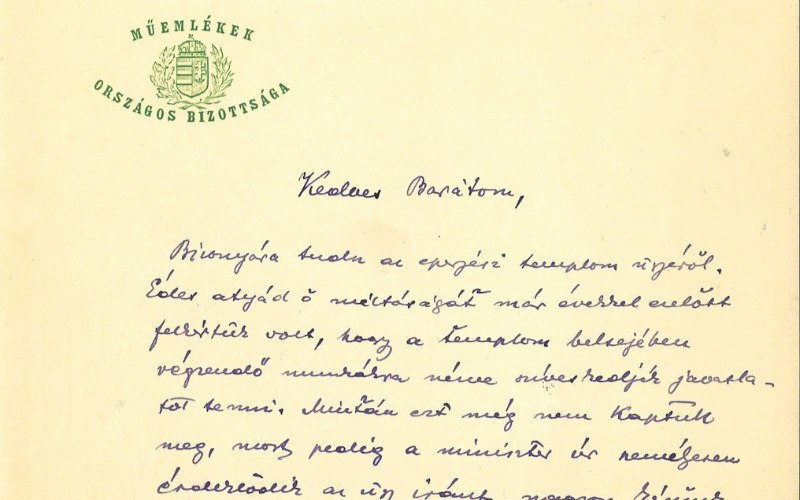 Éber László levele Schulek Jánosnak az eperjesi templom ügyében (MÉM MDK, Műemlékvédelmi Dokumentációs Központ, Tudományos Irattár, Lymbus, ltsz. K 729, no. 17)