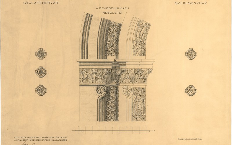 Gyulafehérvár, székesegyház, „fejedelmi kapu”. Lukács Pál felmérési rajza (MÉM MDK, Műemlékvédelmi Dokumentációs Központ, Tervtár, ltsz. K 9534)