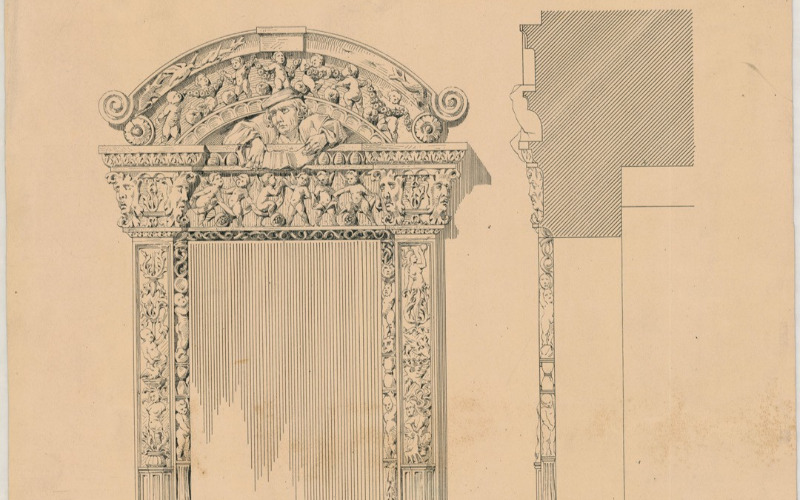 Kolozsvár, Szent Mihály-templom, sekrestyeajtó. Foerk Ernő felmérési rajza (MÉM MDK, Műemlékvédelmi Dokumentációs Központ, Tervtár, ltsz. K 6509)