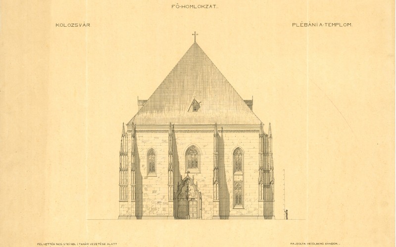 Kolozsvár, Szent Mihály-templom, nyugati homlokzat. Heidelberg Sándor felmérési rajza (MÉM MDK, Műemlékvédelmi Dokumentációs Központ, Tervtár, ltsz. K 6508)