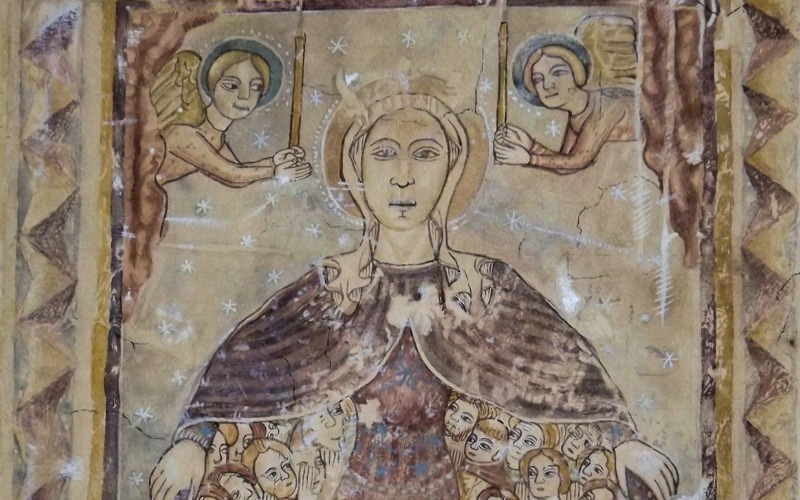 Szmrecsány, r. k. templom, Köpenyes Madonna. Gróh István akvarellmásolata (MÉM MDK, Műemlékvédelmi Dokumentációs Központ, Tervtár, ltsz. FM 564)