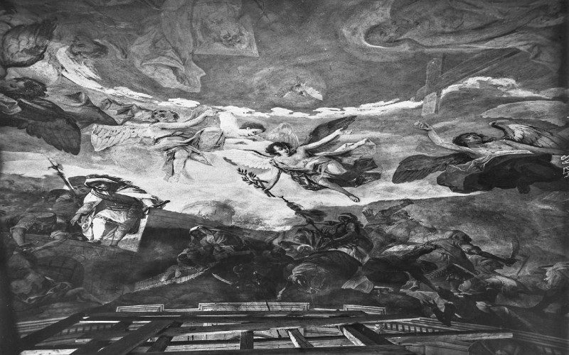 Szigetvár, r. k. plébániatemplom, mennyezetfreskó, Dorffmaister István: Szigetvár eleste és visszavétele (MÉM MDK, Műemlékvédelmi Dokumentációs Központ, Fotótár, ltsz. 126.234N)