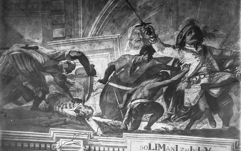 Szigetvár, r. k. plébániatemplom, mennyezetfreskó, Dorffmaister István: Szigetvár eleste és visszavétele (MÉM MDK, Műemlékvédelmi Dokumentációs Központ, Fotótár, ltsz. 126.236N)