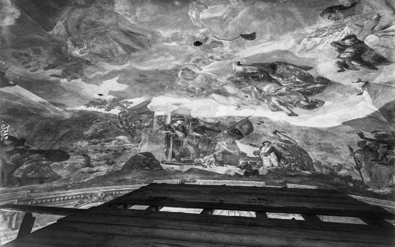 Szigetvár, r. k. plébániatemplom, mennyezetfreskó, Dorffmaister István: Szigetvár eleste és visszavétele (MÉM MDK, Műemlékvédelmi Dokumentációs Központ, Fotótár, ltsz. 126.237N)