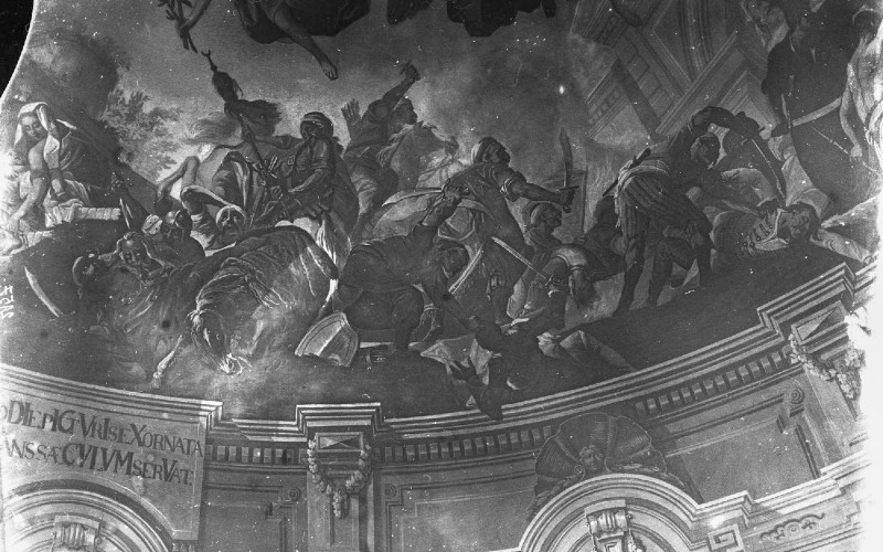 Szigetvár, r. k. plébániatemplom, mennyezetfreskó, Dorffmaister István: Szigetvár eleste és visszavétele (MÉM MDK, Műemlékvédelmi Dokumentációs Központ, Fotótár, ltsz. 126.238N)