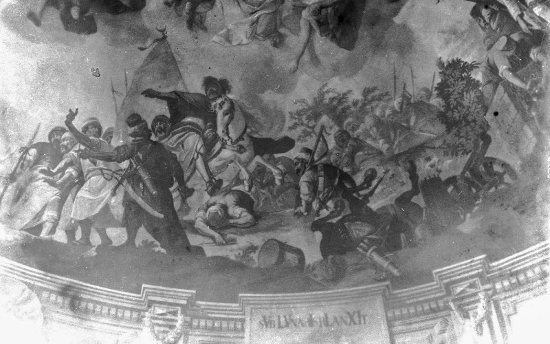 Szigetvár, r. k. plébániatemplom, mennyezetfreskó, Dorffmaister István: Szigetvár eleste és visszavétele (MÉM MDK, Műemlékvédelmi Dokumentációs Központ, Fotótár, ltsz. 126.239N)