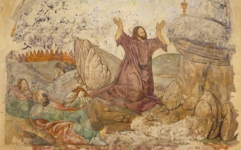 Vörösklastrom, karthauzi kolostor, Krisztus az Olajfák hegyén. Tary Lajos akvarellmásolata (MÉM MDK, Műemlékvédelmi Dokumentációs Központ, Tervtár, ltsz. FM 614)