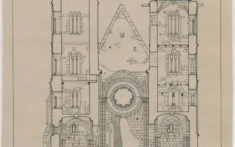 Zsámbék, premontrei templomrom, ceruzarajz, Lux Kálmán, 1939, ltsz. 13616 MÉM MDK Tervtár. 