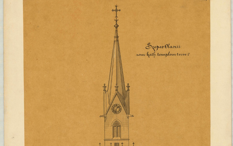 Schulek Frigyes: A szepesolaszi r. k. templom restaurálási terve – keresztmetszet nyugata felé, 1874 (Tervtár, ltsz. K 7743)