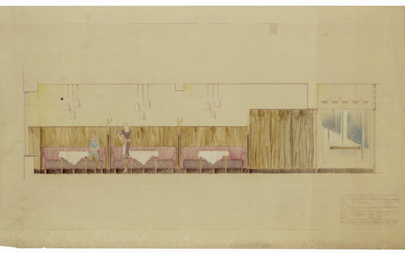 Étterembelső terve Koppenhágából. Snopper Tibor rajza, színezett fénymásolat, 1946-1947.