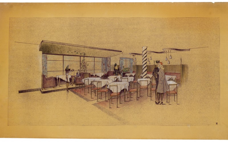 Étterembelső terve Koppenhágából. Snopper Tibor rajza, színezett fénymásolat, 1946-1947.