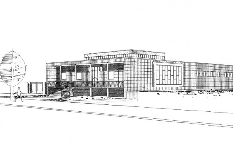 Snopper Tibor: Csongrádi Köztisztasági Fürdő, perspektivikus rajz. Terv: 1957, épült: 1959-1961. 