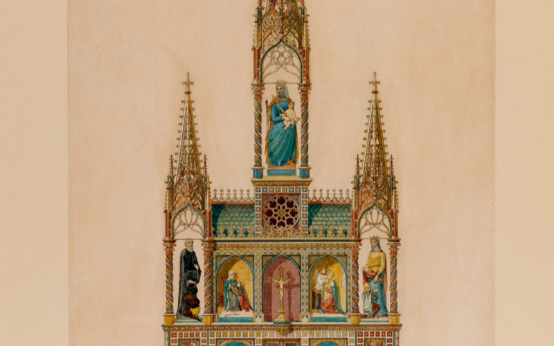 Máriafalva, Mária Mennybemenetele templom főoltára, 1884. MÉM MDK, Tervtár ltsz. R 10518.