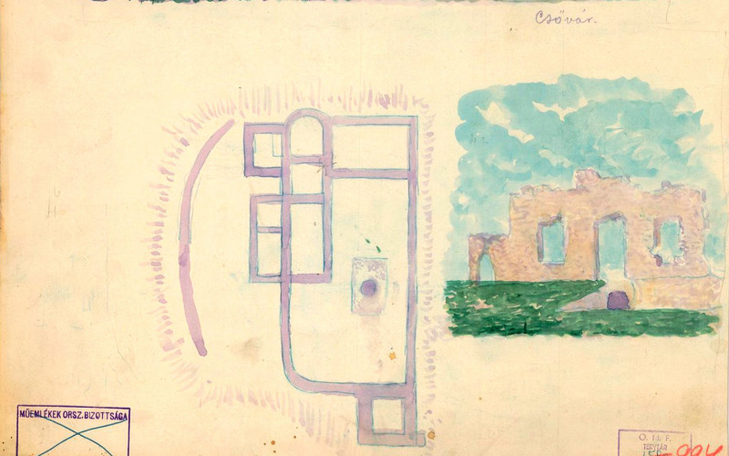 Arányi Lajos: Csővár, várrom, törzsív és rajz 1875.Tervtár, ltsz. R 13620, R 994