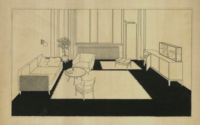 Lakószoba terve a Kozma Lajos irodájában töltött időszakból. 1935 körül. Iparművészeti Múzeum, Budapest. KRTF 2398