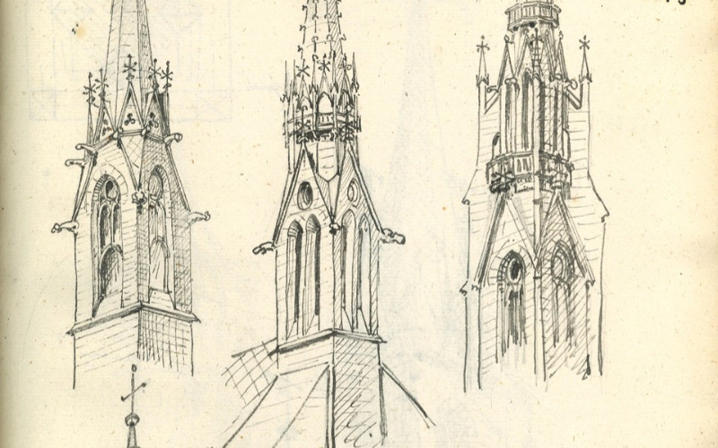 Torony vázlatok az 1863-as vázlatkönyvből. MÉM MDK Tervtár, ltsz. K 12973