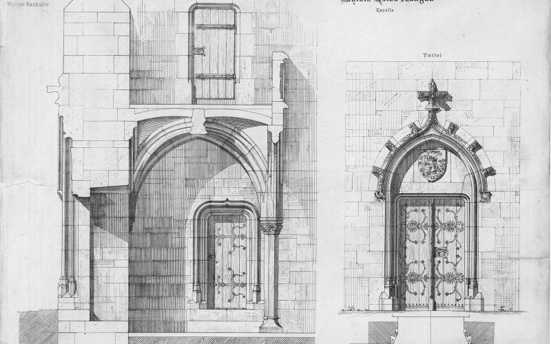 Vajdahunyadi vár, kápolna részletek. Wiener Bauhütte 1867. MÉM MDK Tervtár K 9876