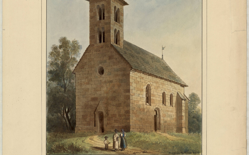 Myskovszky Viktor színezett rajza a templomról 1879. MÉM-MDK Tervtár R1762.b