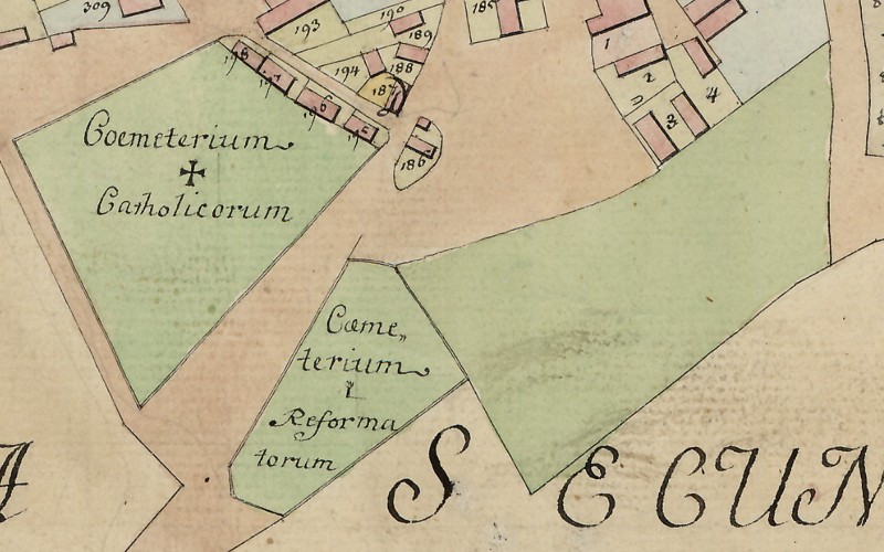A katolikus, a református és a régi temető Franz Römisch térképén, 1783