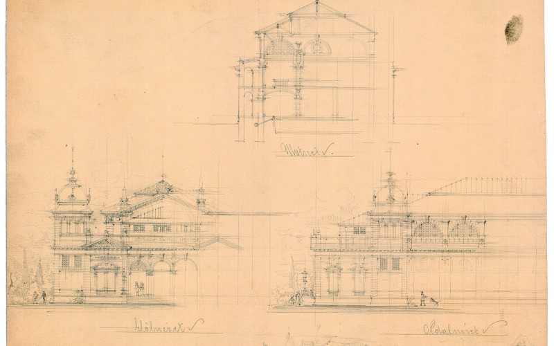 Terv a városligeti artézi fürdő uszodaépületéhez Czigler Győző és Dvořák Ede közös hagyatékából, 1890-es évek. MÉM MDK Múzeumi Osztály, ltsz. 75.6.4.