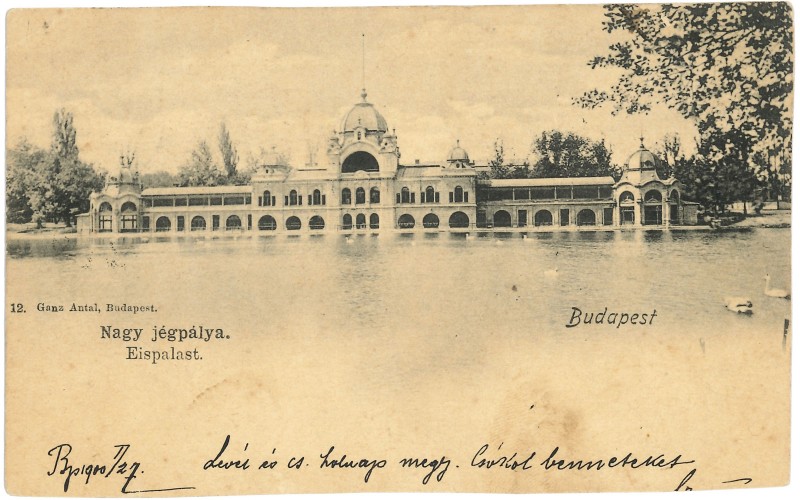 Az idősebb Francsek Imre által tervezett, 1895-ben épült városligeti jégpálya épülete, Ganz Antal által kiadott képeslapon. MÉM MDK Múzeumi Osztály, ltsz. 21.10.1622.