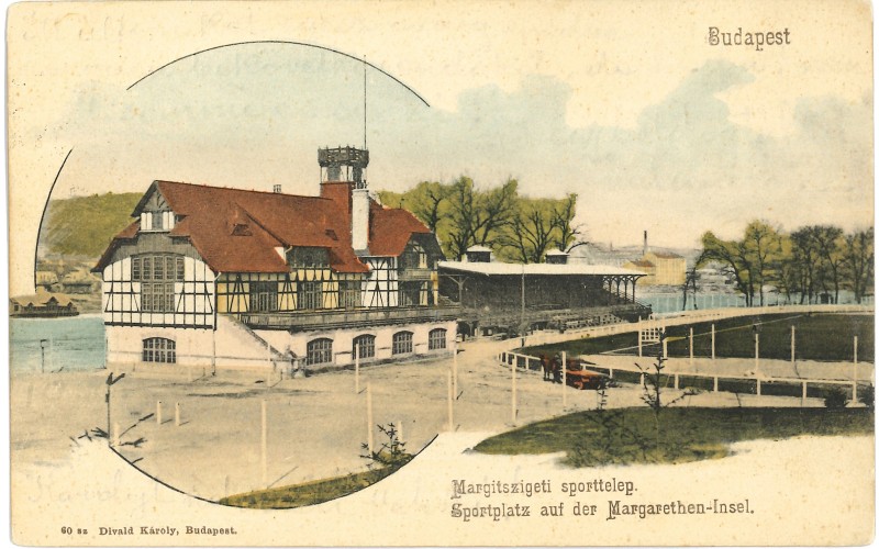 A Margitszigeti Sporttelep régi épülete Divald Károly felvételén, képeslapon. MÉM MDK Múzeumi Osztály, ltsz. 21.10.1598.