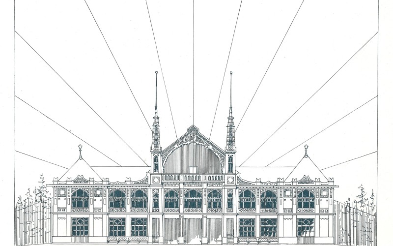 A mai Széll Kálmán tér helyén egykor álló, 1913-ban átadott korcsolyapálya elsődíjas pályaterve. Az épületet Sándy Gyula tervezte. MÉM MDK Múzeumi Osztály, különnyomat a Magyar Építőművészet 1911/5. számából.