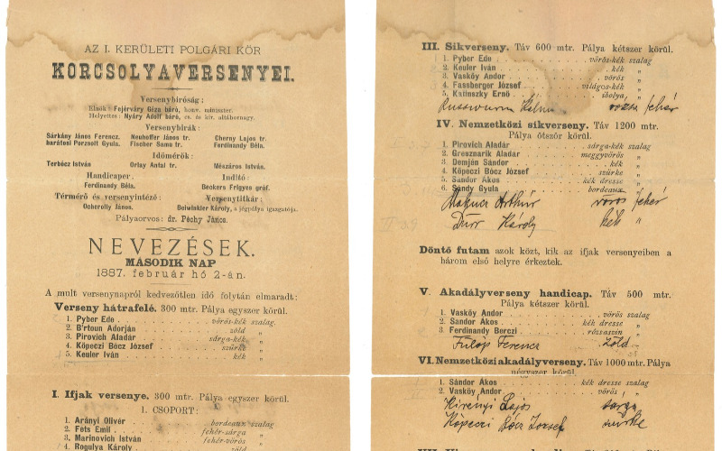 Az I. kerületi Polgári Kör korcsolyaversenyeinek programja, a nevezők között Sándy Gyula nevével. MÉM MDK Múzeumi Osztály.