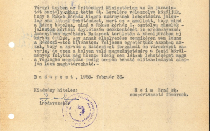 Heim Ernő levele Kovács Péternek a Rókus-kórház Rákóczi út felőli bontásáról. 1958. MÉM MDK Tudományos Irattár, Hivatali iratok, OMF II. sorozat 1958/120/1
