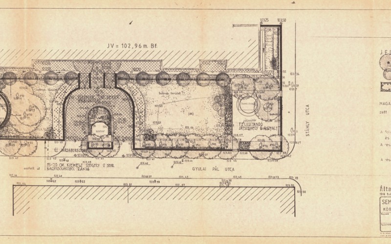 Gyulai Pál utcai homlokzat előtti környezetrendezési terv. Killer István, 1986. MÉM MDK Tervtár, D 22197
