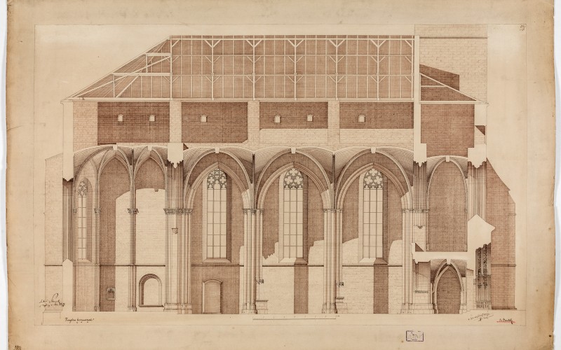 Garamszentbenedek, v. apátsági templom hosszmetszete. Tandor Ottó, 1878. MÉM MDK, Tervtár ltsz. R 8702