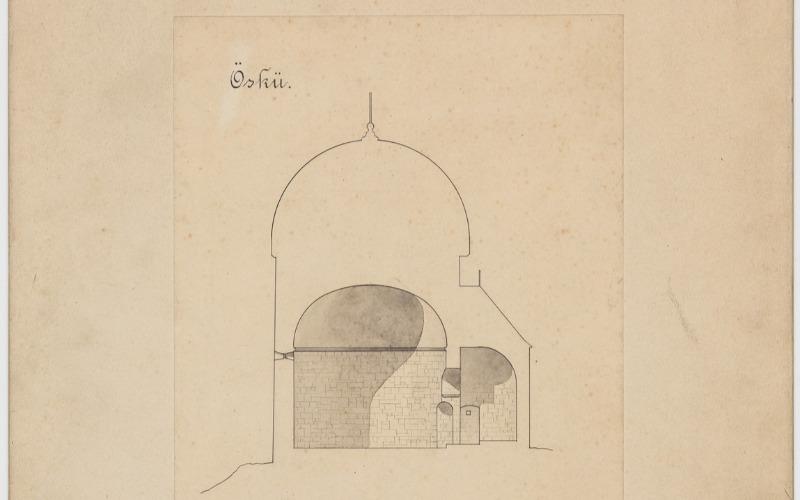 Öskü, kerektemplom, alaprajz és metszet. Tandor Ottó, é.n. MÉM MDK, Tervtár ltsz. R 4279