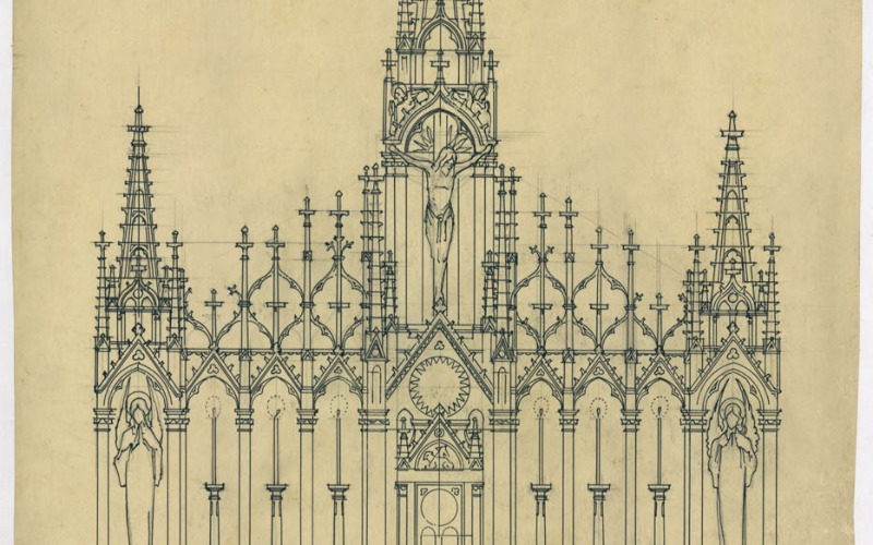 Foerk Ernő: A tripoliszi (Angyalföld) Szent Mihály-templom főoltárának terve, 1929, Foerk Ernő hagyatéka, MÉM MDK, Múzeumi Osztály, ltsz.: 69.024.239