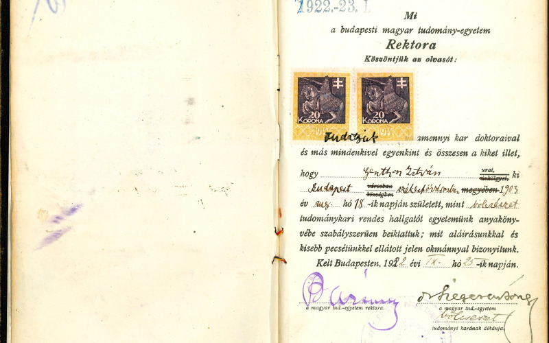 Genthon István leckekönyve a budapesti egyetemen Hekler Antal, Gerevich Tibor, Négyesy László, Császár Elemér és Kuzsinszky Bálint aláírásával, 1925–1926 (MÉM MDK Tudományos Irattár, Lymbus, Genthon István-hagyaték, ltsz. K 1645/4.)