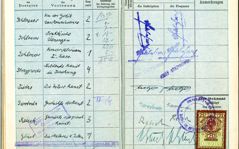 Genthon István leckekönyve a bécsi egyetemen Julius von Schlosser, Josef Strzygowski, Hans Tietze és Karl Maria Swoboda aláírásával, 1926–1927 (MÉM MDK Tudományos Irattár, Lymbus, Genthon István-hagyaték, ltsz. K 1645/3.)