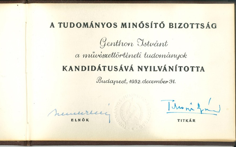 Genthon István kandidátusi oklevele (MÉM MDK Tudományos Irattár, Lymbus, Genthon István-hagyaték, ltsz. K 1645/10.)