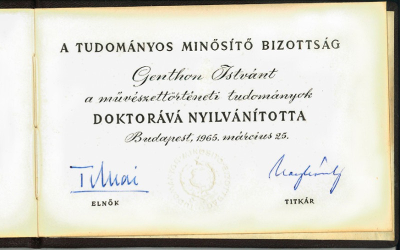 Genthon István doktori oklevele (MÉM MDK Tudományos Irattár, Lymbus, Genthon István-hagyaték, ltsz. K 1645/11.)