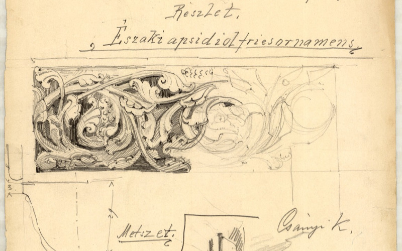 Csányi Károly részletrajza a gyulafehérvári székesegyházból. Északi és déli apszisdíszek, 1896. MÉM MDK Tervtár, ltsz. K 4576.