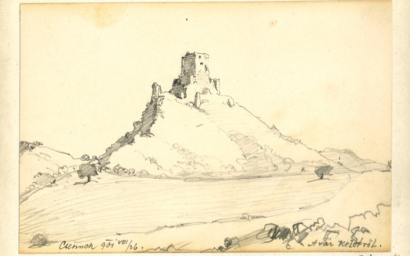 Csesznek. Csányi-hagyatékban szereplő kartonok: Magyar várak. Rajz: Csányi Károly 1901. MÉM MDK Fotótár, ltsz. 9109
