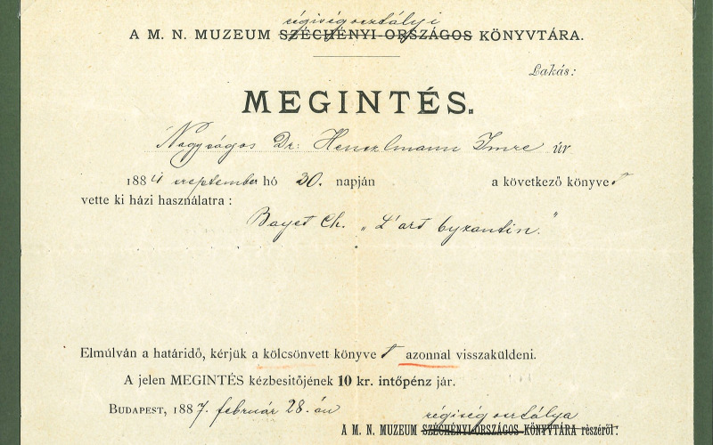 Könyvtári felszólítás. 1884. szeptember 28. MÉM MDK Tudományos Irattár, Lymbus, ltsz. K 1651/1