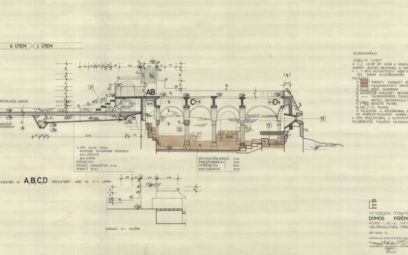 Helyreállítási terv I. ütem: hosszmetszet, 1:50. Nándori Klára, 1976. MÉM MDK Tervtár, ltsz. R 86721