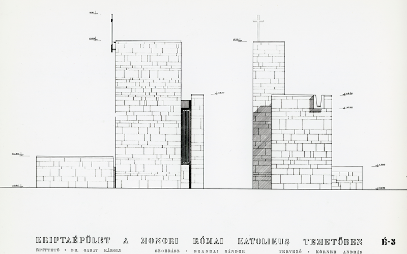 A monori Garay-kripta tervei – hátsó és oldalhomlokzat. MÉM MDK Múzeumi Gyűjtemény, Körner András ajándéka