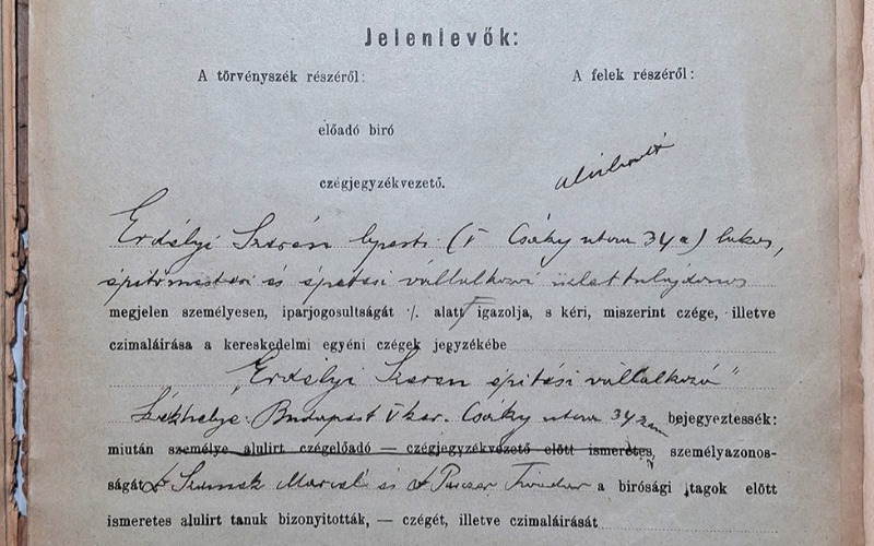 Erdélyi Szerén építési vállalkozásának bejelentő irata, 1915. 