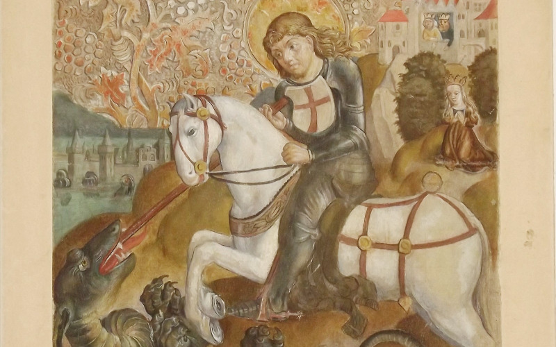 Hizsnyó, római katolikus templom, Szent György harca a sárkánnyal – szárnyasoltár, 1902. (MÉM MDK, Tervtár, ltsz. FM 272)