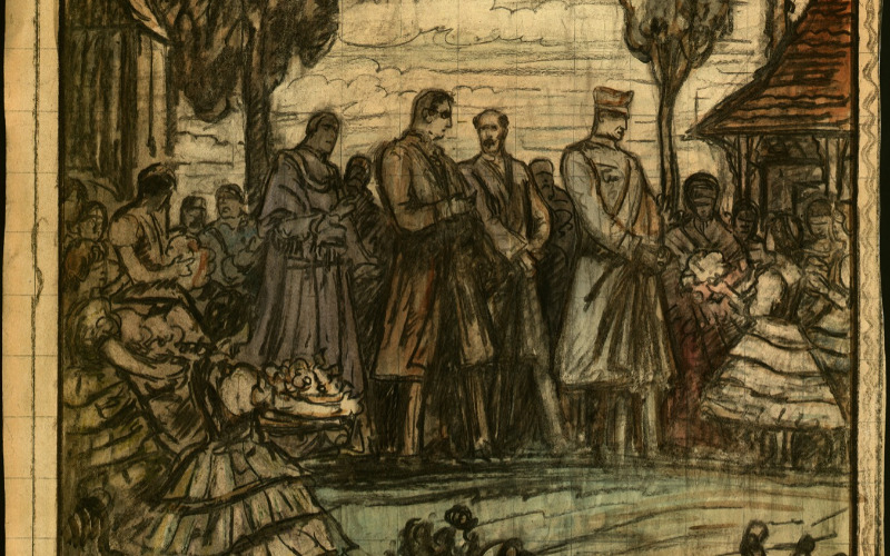 Dudits Andor: Az Országos Levéltár egy falusi iskola felavatását ábrázoló falképének vázlata, középen Horthy Miklós és Klebelsberg Kuno alakja, 1929. MÉM MDK MDO