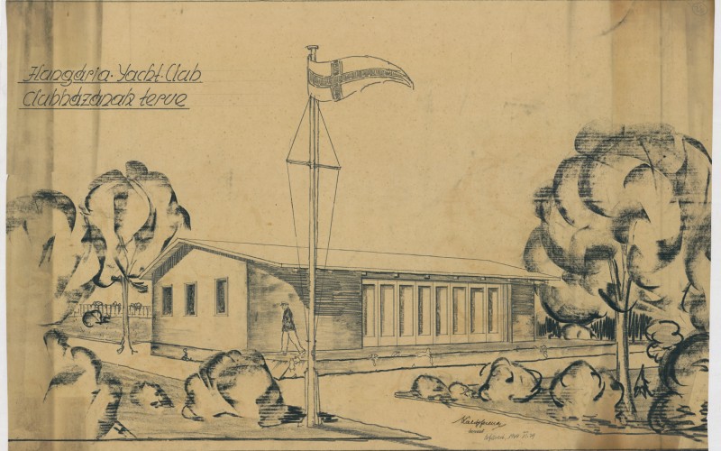 Hungária Yacht Club clubházterve, homlokzati szénrajz, 1934. MÉM MDK Múzeumi Osztály